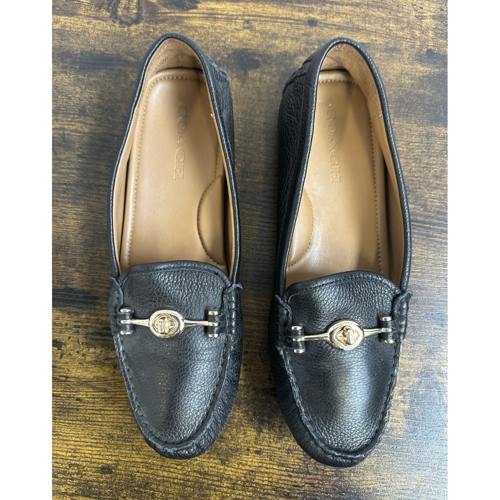 Coach Arlene Black Leather Driving Loafers 8B Turnlock Gold Quiet Luxury Flats - Picture 2 of 14